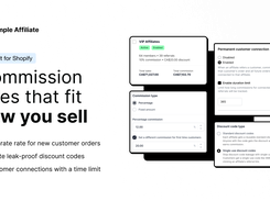 Commission rules: percentage or fixed rates, a separate rate for new customers, discount code types, and customer connections.
