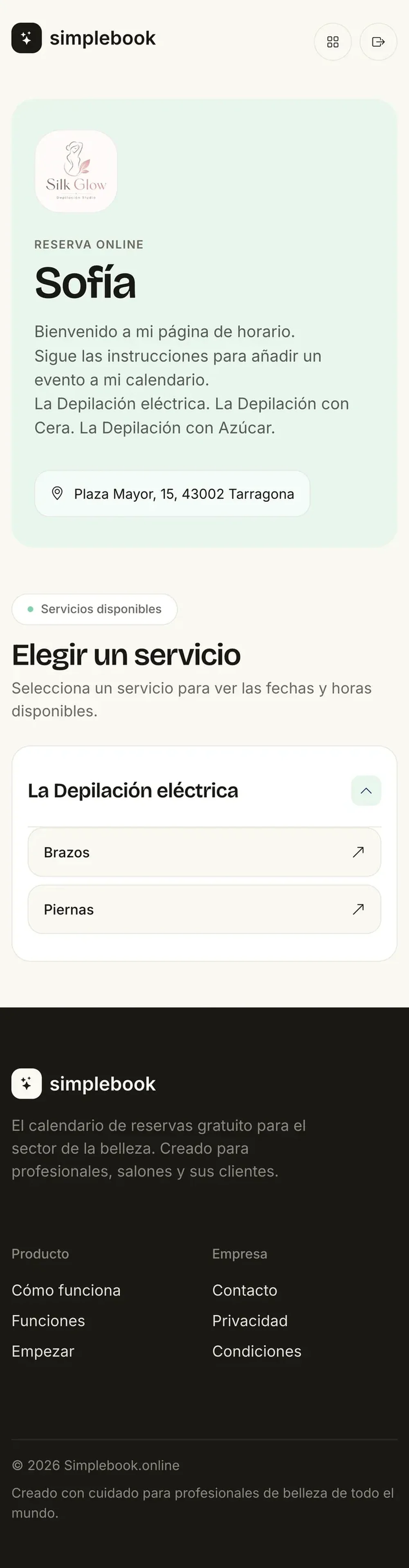 Mobile Simplebook booking page in Spanish with the electric hair-removal service expanded to show “Brazos” and “Piernas” options.