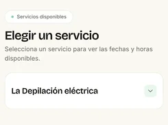 Mobile Simplebook booking page in Spanish for Sofía’s Silk Glow salon, showing a service selection section with “La Depilación eléctrica.”