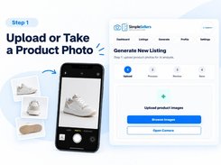 Step 1 workflow graphic showing product photos, a phone camera view, and the SimpleSellers Generate New Listing upload screen with Browse Images and Open Camera buttons.