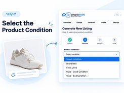 Step 2 workflow graphic showing the SimpleSellers product-condition selection screen with condition options including Brand New and Fairly Used.
