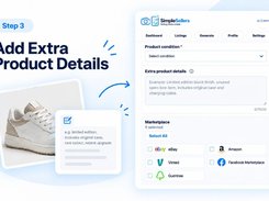 Step 3 workflow graphic showing the SimpleSellers extra product details field and marketplace selection options.