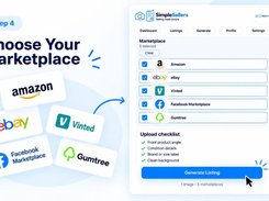 Step 4 workflow graphic showing selected marketplaces, an upload checklist, and a Generate Listing button in SimpleSellers.