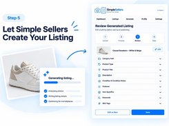 Step 5 workflow graphic showing the SimpleSellers Review Generated Listing screen with editable listing sections and a generation progress card.