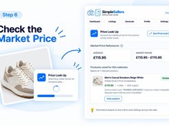 Step 6 workflow graphic showing the SimpleSellers Price Look Up panel with a market-price estimate of £115.95 for similar sneakers.