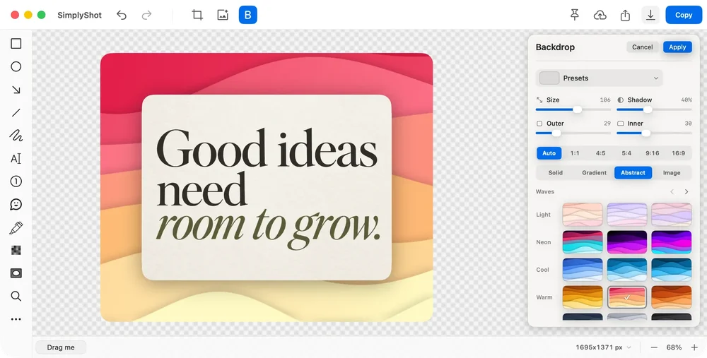 SimplyShot editor showing a square quote design on a colorful abstract backdrop, with backdrop settings and preset thumbnails open at right.