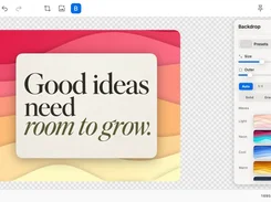 SimplyShot editor showing a square quote design on a colorful abstract backdrop, with backdrop settings and preset thumbnails open at right.