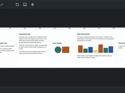 SimplyShot editor showing a wide canvas with several text cards and simple colored chart shapes, plus a left toolbar and top controls.