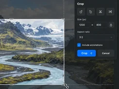 A crop interface overlays a mountain landscape, with a resizable crop selection and a dark Crop settings panel showing size and aspect-ratio controls.
