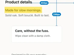 An annotated product-details layout shows highlighted text, blue measurement guides labeled 404px and 299px, and a care-information card.