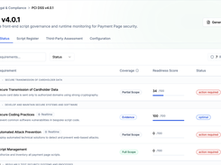 PCI DSS v4.0.1 readiness mapped to requirements, technical coverage, evidence, status, and exportable compliance reporting.