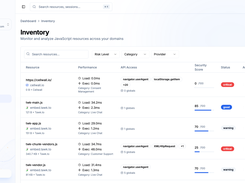 Continuous JavaScript inventory with resource ownership, performance, browser API access, security scores, and status.