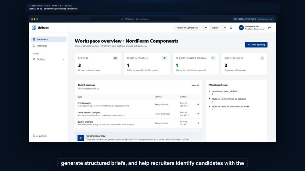 Skilltage workspace dashboard showing openings, drafts, pending job-ad approvals, and readiness for intake.