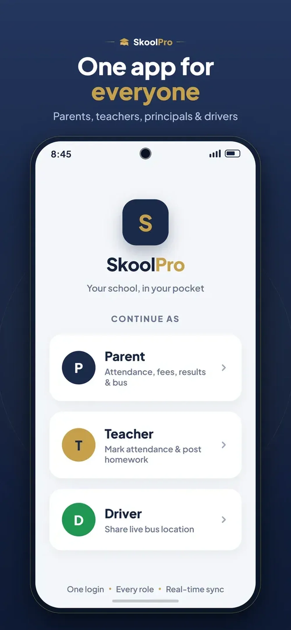SkoolPro promotional graphic containing a phone mockup of the role-selection screen, with Parent, Teacher, and Driver options.