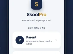 SkoolPro promotional graphic containing a phone mockup of the role-selection screen, with Parent, Teacher, and Driver options.