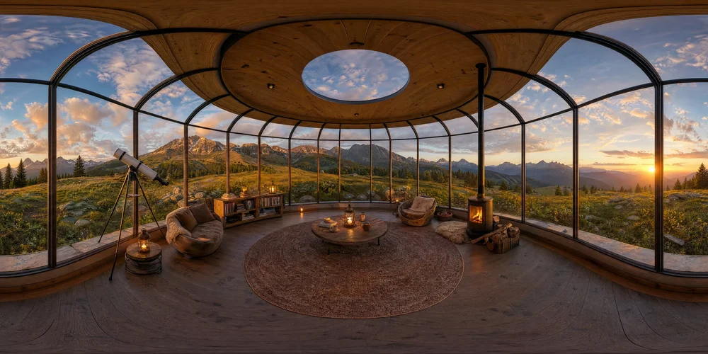 Wide panoramic view inside a glass observatory overlooking mountains at sunset.