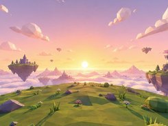 Low-poly floating-island landscape at sunrise with clouds and distant mountains.