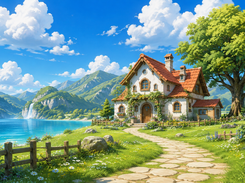 Illustrated lakeside cottage with a tree, mountains, waterfall, and stone path.