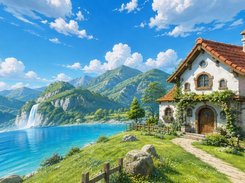 Illustrated alpine lakeside cottage scene with mountains, waterfall, and clouds.