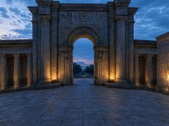 Stone archway and colonnade lit by torches beneath a cloudy blue sky.