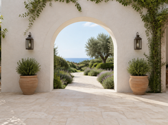 Mediterranean-style courtyard arch framing a garden path and distant sea.