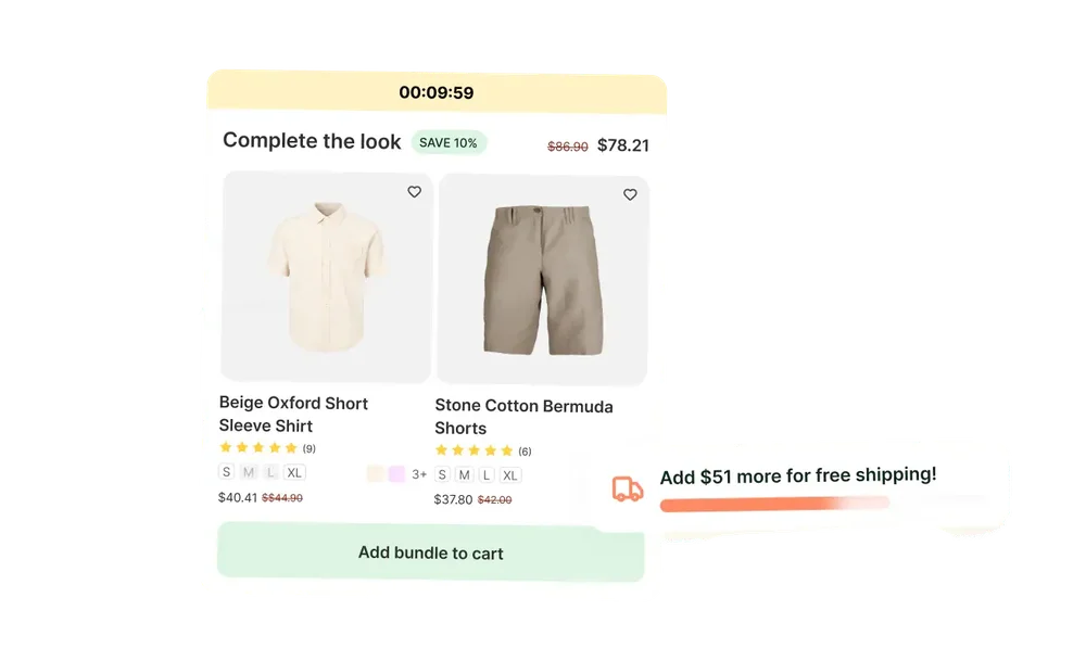 Timed bundle offer with two apparel products, savings, cart action, and shipping-progress message.