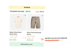 Timed bundle offer with two apparel products, savings, cart action, and shipping-progress message.