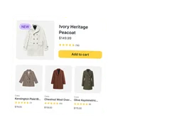 Product recommendation panel featuring a peacoat and related outerwear.