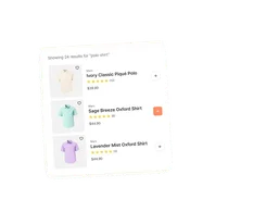 Product search results for polo shirts with ratings, prices, and add buttons.
