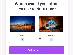 Image-choice poll with beach and camping answer cards.