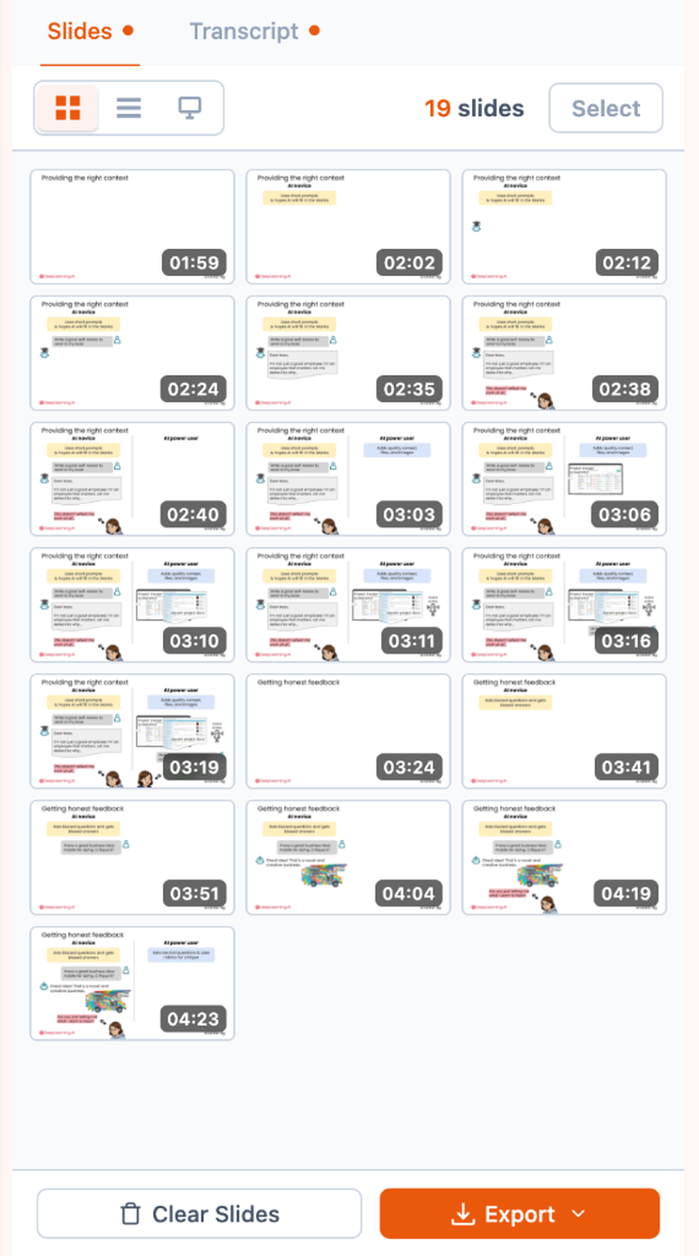 SlideSieve slide grid with 19 captured slide thumbnails, timestamps, selection controls, Clear Slides, and Export buttons.