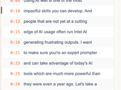 SlideSieve Transcript tab listing timestamped transcript lines with Remove, Copy, and Export buttons.