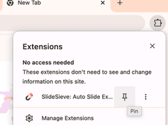 Chrome Extensions menu showing the SlideSieve extension and a pin control.