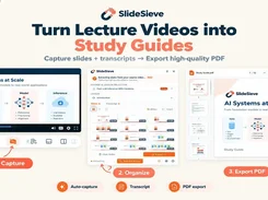 SlideSieve workflow graphic showing a lecture video, the SlideSieve slide-organizing interface, and an exported PDF study guide.