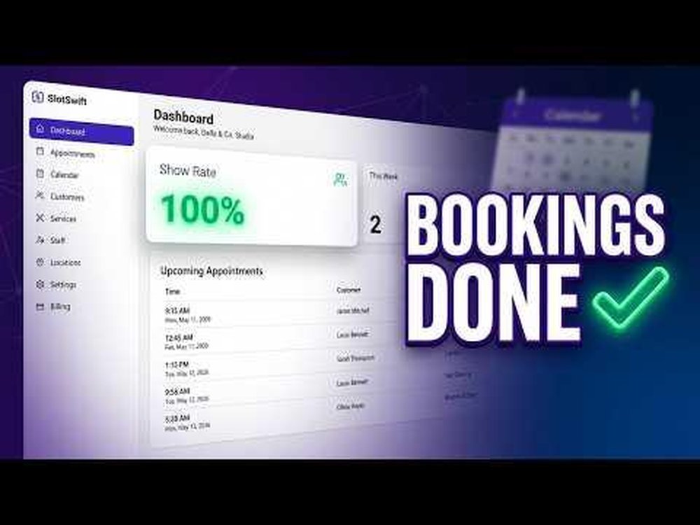 SlotSwift dashboard interface showing a sidebar menu, a 100% show-rate card, and an upcoming appointments list, alongside the text “2 BOOKINGS DONE” and a green check mark.