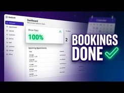 SlotSwift dashboard interface showing a sidebar menu, a 100% show-rate card, and an upcoming appointments list, alongside the text “2 BOOKINGS DONE” and a green check mark.