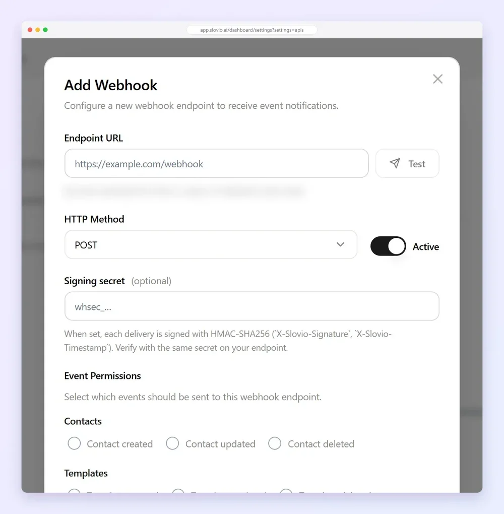 Slovio Add Webhook dialog with endpoint URL, HTTP method, signing secret, active toggle, and event permission options.