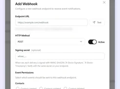 Slovio Add Webhook dialog with endpoint URL, HTTP method, signing secret, active toggle, and event permission options.