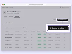 Slovio WhatsApp templates page listing approved message templates and highlighting the Create template button.