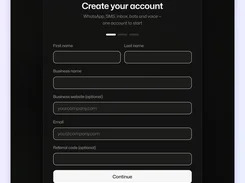 Slovio account registration form with fields for name, business name, website, email, and referral code.