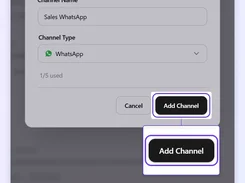 Slovio Add new channel dialog with a channel name field, WhatsApp channel type selector, and highlighted Add Channel button.