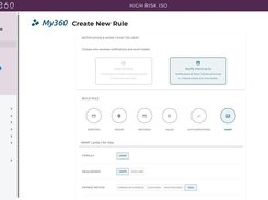 SLYCE360 My360 Create New Rule screen with notification delivery choices and rule-building options for disputes, fraud, refunds, sales, authorizations, and VAMP.
