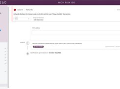 SLYCE360 notification detail screen for a severe Mastercard refund-rate alert, with status controls, update field, and event timeline.