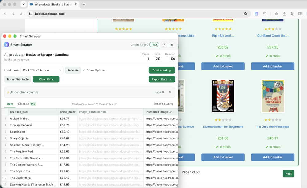Smart Scraper desktop window over a Books to Scrape product listing, showing detected table columns, rows of book data, and crawling and export controls.