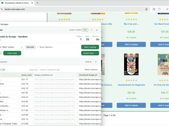 Smart Scraper desktop window over a Books to Scrape product listing, showing detected table columns, rows of book data, and crawling and export controls.