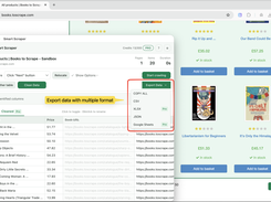 Smart Scraper window over a book product listing with the Export Data menu open, showing Copy All, CSV, XLSX, JSON, and Google Sheets options.
