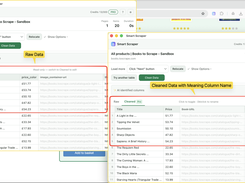 Side-by-side Smart Scraper windows compare raw product-listing data with cleaned data using meaningful column names.