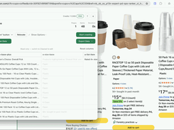 Smart Scraper window over Amazon coffee-cup search results, displaying extracted product titles and attributes in a data table.