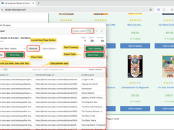 Smart Scraper window over a Books to Scrape page with red outlined controls and yellow labels identifying crawling, cleaning, export, and data-preview features.
