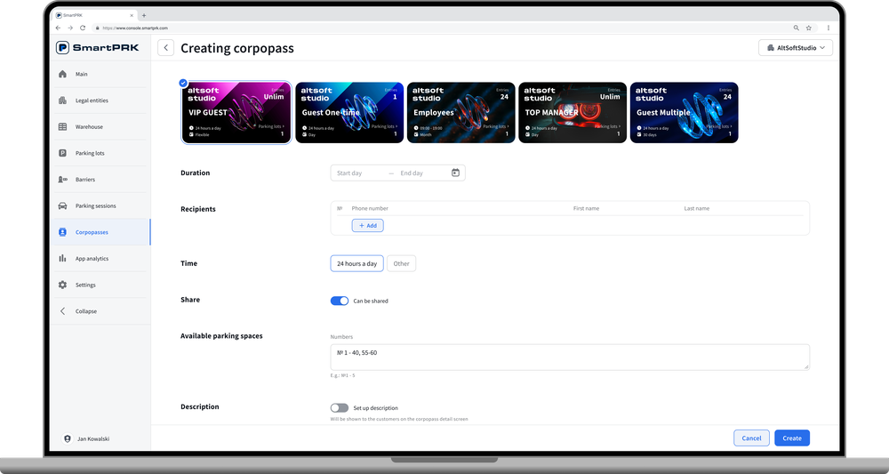 Create branded digital parking passes (Corpopasses) in seconds. Choose a pass type — VIP Guest, Employee, One-time — set duration, access hours, and recipient's phone number. The pass is instantly delivered to the driver's smartphone.